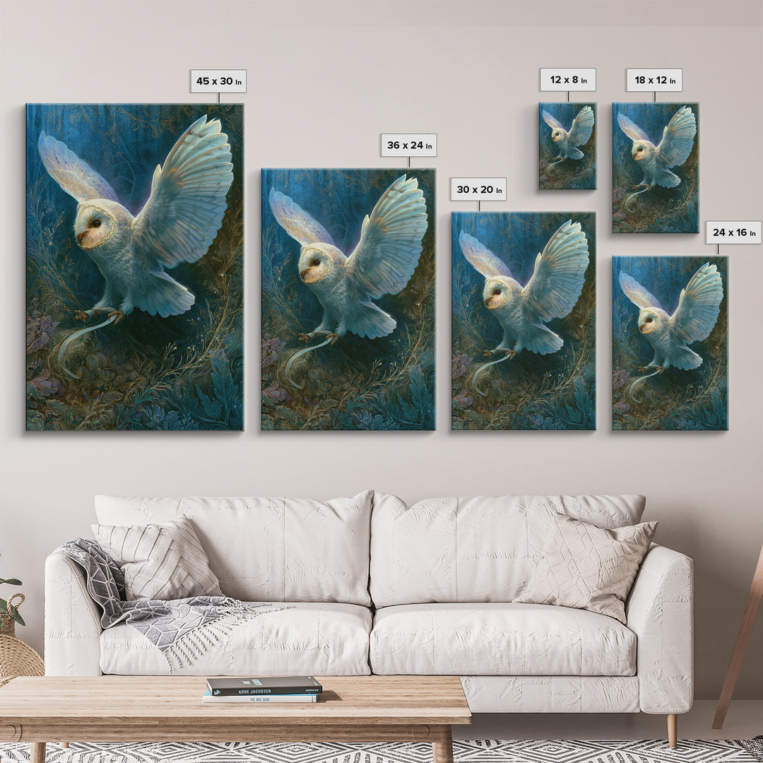 Owl Messenger Carrying a Tiny Ribbon Framed Canvas Print, Fairy Tale Art, Whimsical Art, Living Room Decor, Fine Art, Storybook, FTA-2x3-97