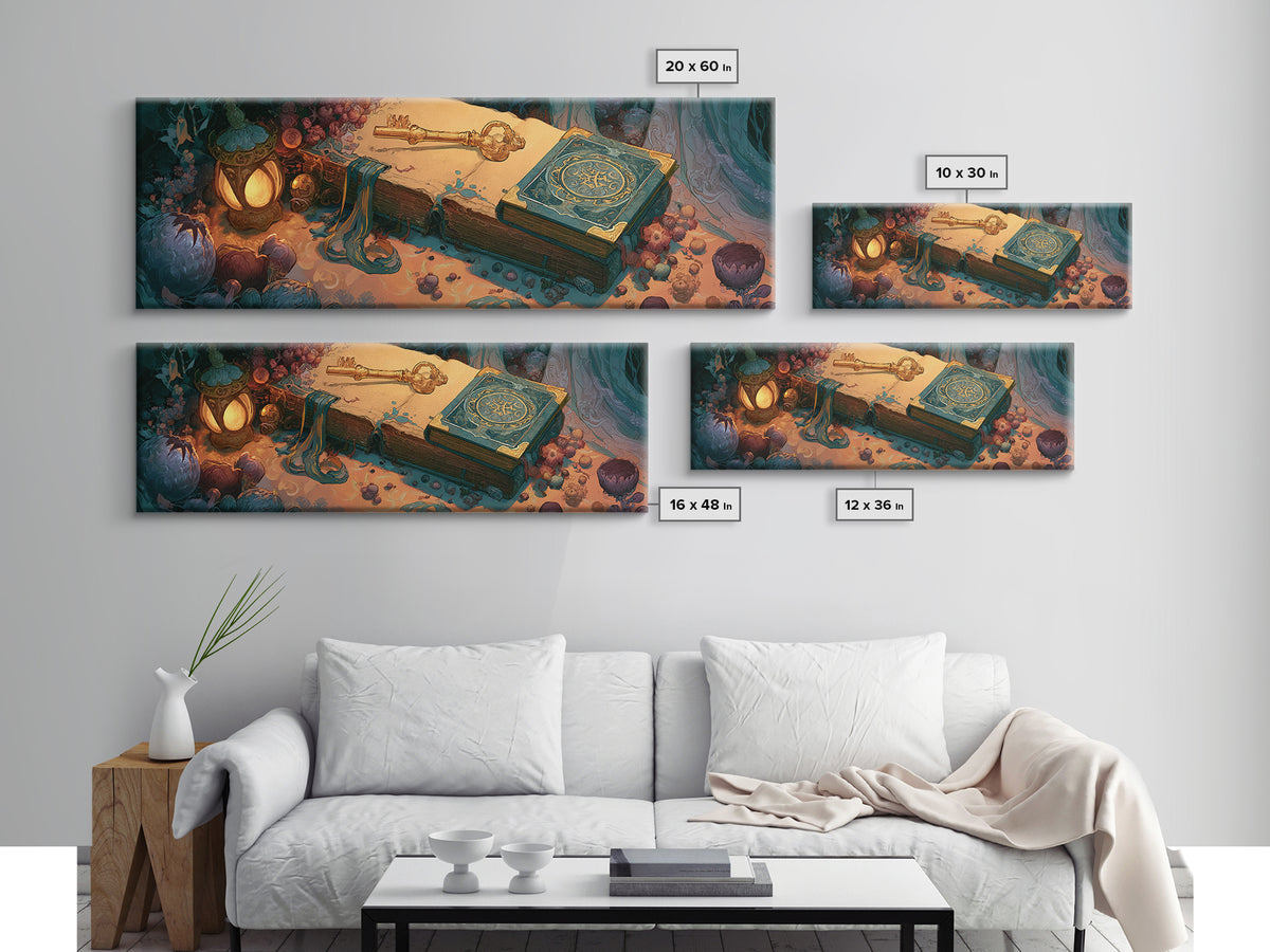 Golden Key and Enchanted Book Still Life Framed Canvas Print, Fairy Tale Art, Folk Art, Living Room Decor, Fine Art, Storybook, FTA-3x1-1