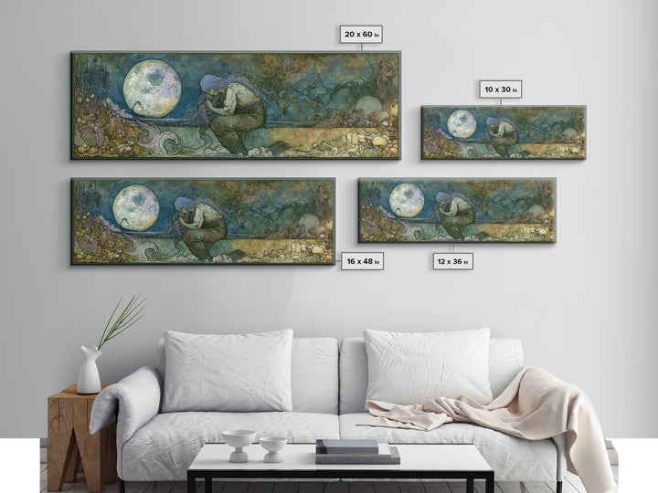 Mermaid Combing Hair Beneath a Pearl Moon Canvas Print, Fairy Tale Art, Living Room Decor, Abstract Art, Storybook, FTA-3x1-100