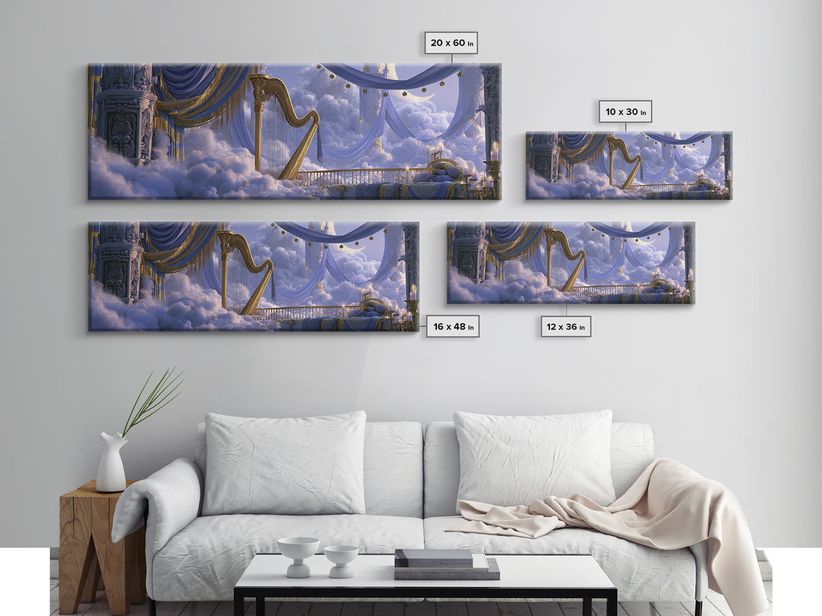 Golden Harp in a Cloud Kingdom Canvas Print, Fairy Tale Art, Modern Decor, Living Room Decor, Fine Art, Storybook, Wall Decor, FTA-3x1-14