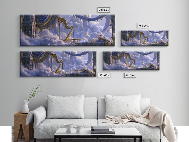 Golden Harp in a Cloud Kingdom Canvas Print, Fairy Tale Art, Modern Decor, Living Room Decor, Fine Art, Storybook, Wall Decor, FTA-3x1-14