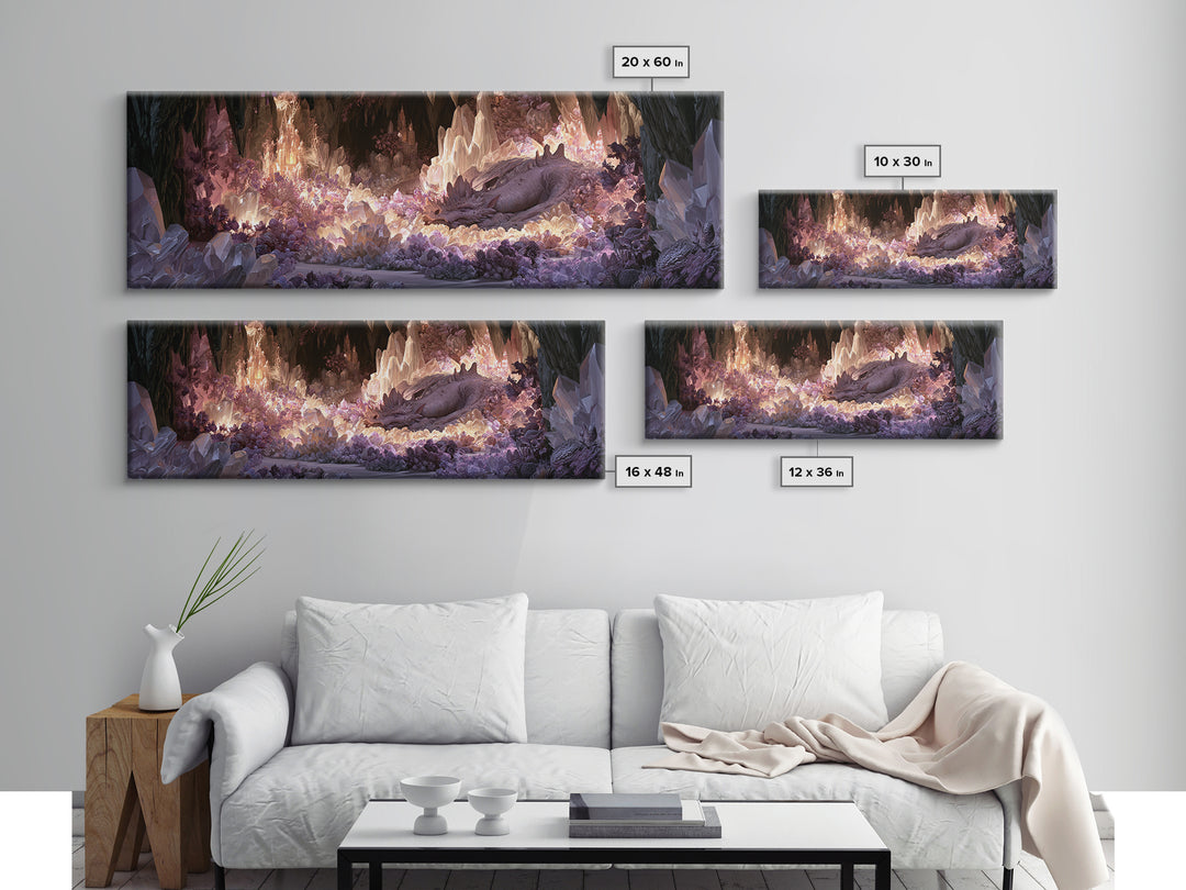 Sleeping Dragon in a Cave of Crystals Canvas Print, Fairy Tale Art, Folk Art, Living Room Decor, Fine Art, Storybook, FTA-3x1-16