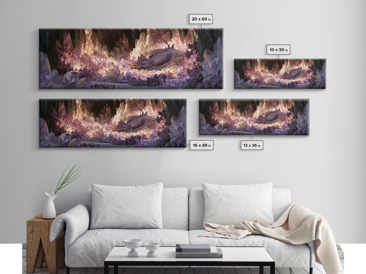 Sleeping Dragon in a Cave of Crystals Canvas Print, Fairy Tale Art, Folk Art, Living Room Decor, Fine Art, Storybook, FTA-3x1-16