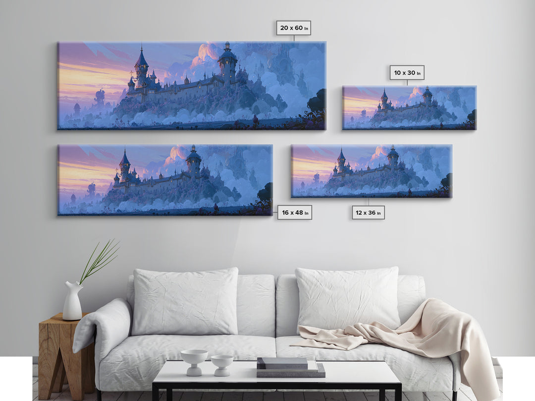 Storybook Castle on a Misty Hill Framed Canvas Print, Fairy Tale Art, Whimsical Decor, Living Room Decor, Fine Art, Storybook, FTA-3x1-18