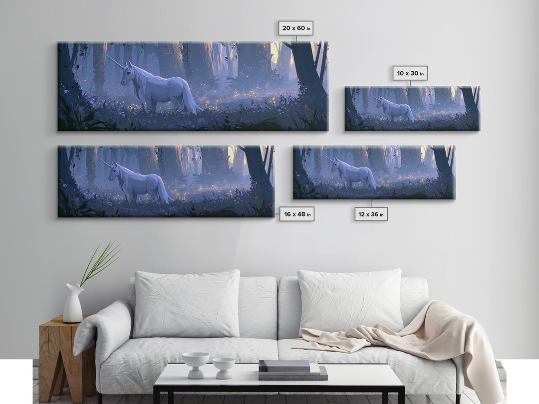 Unicorn in a Moonlit Meadow Framed Canvas Print, Fairy Tale Art, Art Nouveau, Living Room Decor, Fine Art, Storybook, FTA-3x1-2
