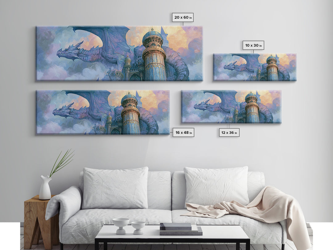 Dragon Curled Around a Jeweled Tower Canvas Print, Fairy Tale Art, Whimsical Wall Art, Living Room Decor, Fine Art, Storybook, FTA-3x1-21