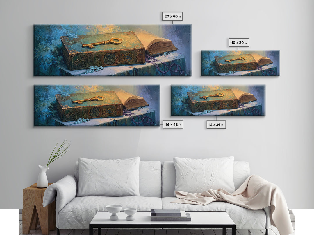 Golden Key and Enchanted Book Still Life Canvas Print, Fairy Tale Art, Kids Room Decor, Living Room Decor, Abstract Art, FTA-3x1-25
