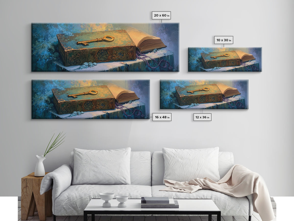 Golden Key and Enchanted Book Still Life Canvas Print, Fairy Tale Art, Kids Room Decor, Living Room Decor, Abstract Art, FTA-3x1-25