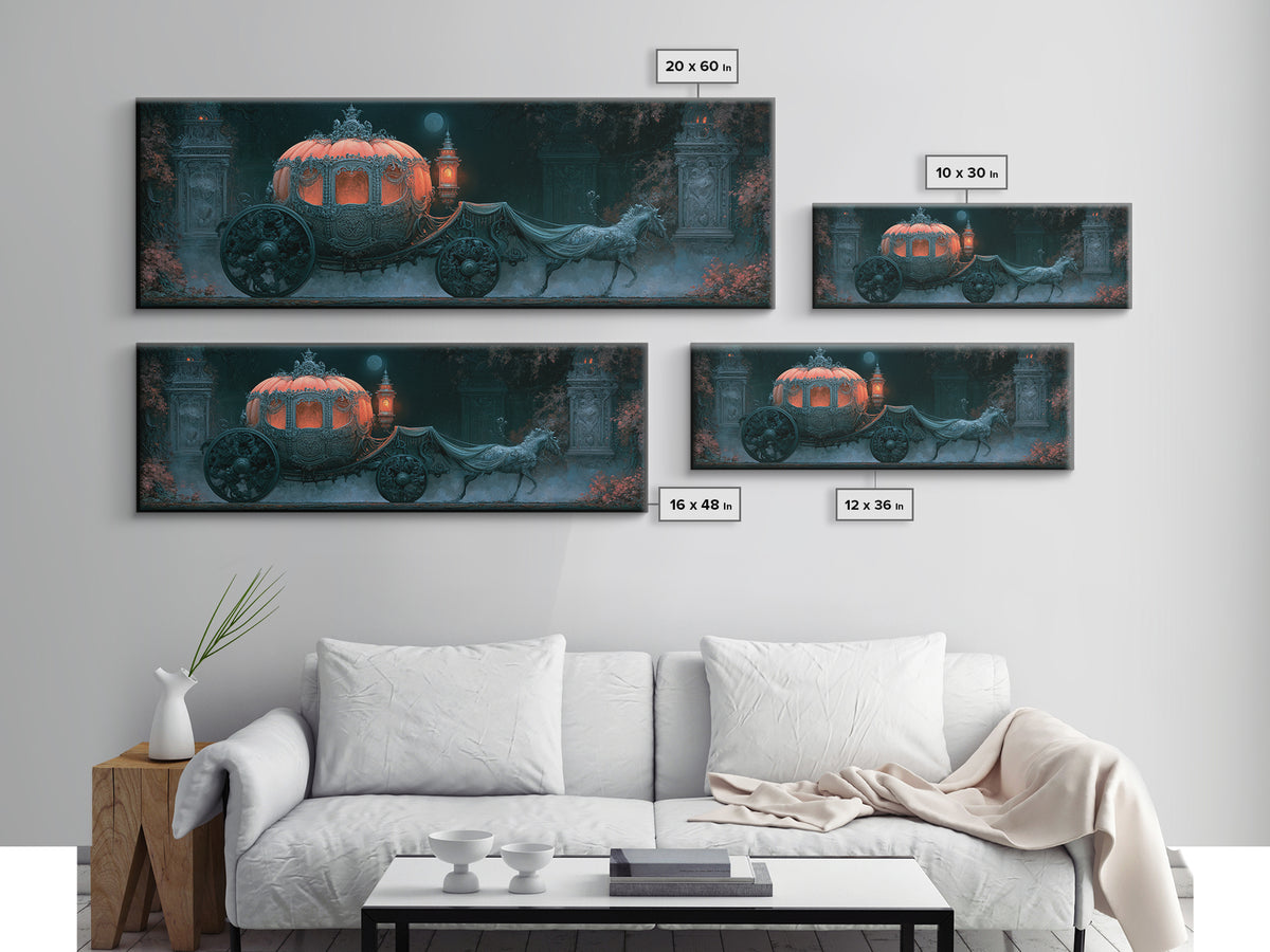 Pumpkin Carriage under Midnight Sky Framed Canvas Print, Fairy Tale Art, Art Nouveau Print, Living Room Decor, Watercolor Art, FTA-3x1-32
