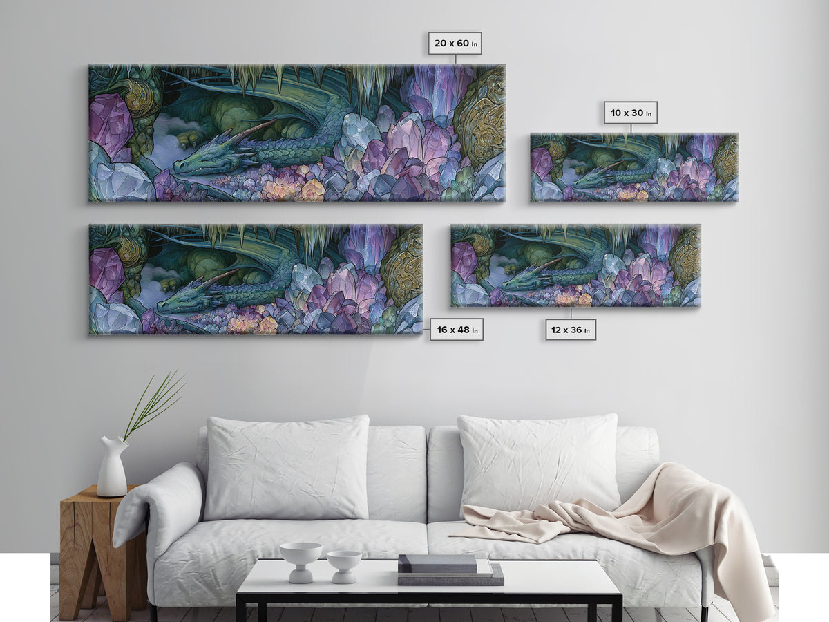 Sleeping Dragon in a Cave of Crystals Canvas Print, Fairy Tale Art, Neutral Decor, Living Room Decor, Fine Art, Storybook, FTA-3x1-40
