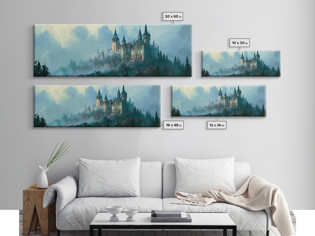 Storybook Castle on a Misty Hill Canvas Print, Fairy Tale Art, Whimsical Art, Living Room Decor, Fine Art, Storybook, FTA-3x1-42