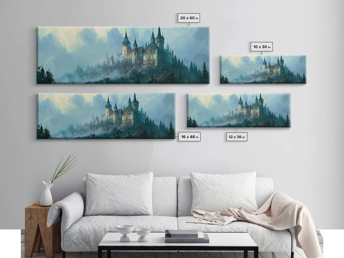 Storybook Castle on a Misty Hill Canvas Print, Fairy Tale Art, Whimsical Art, Living Room Decor, Fine Art, Storybook, FTA-3x1-42