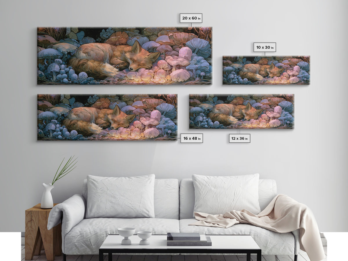 Sleeping Fox Beside a Magical Mushroom Ring Canvas Print, Fairy Tale Art, Printable Wall Art, Living Room Decor, Storybook, FTA-3x1-43