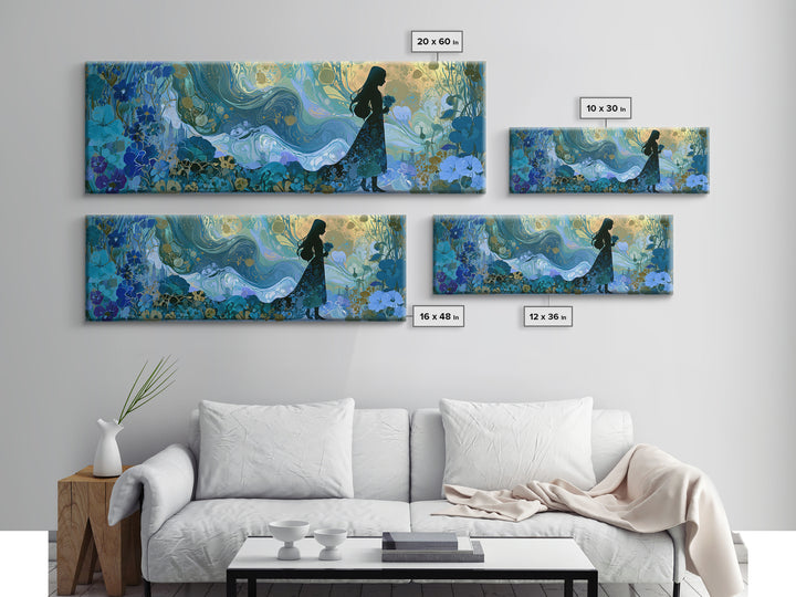 Princess Silhouette with Moonlit Garden Flowers Canvas Print, Fairy Tale Art, Modern Decor, Living Room Decor, Storybook, FTA-3x1-44
