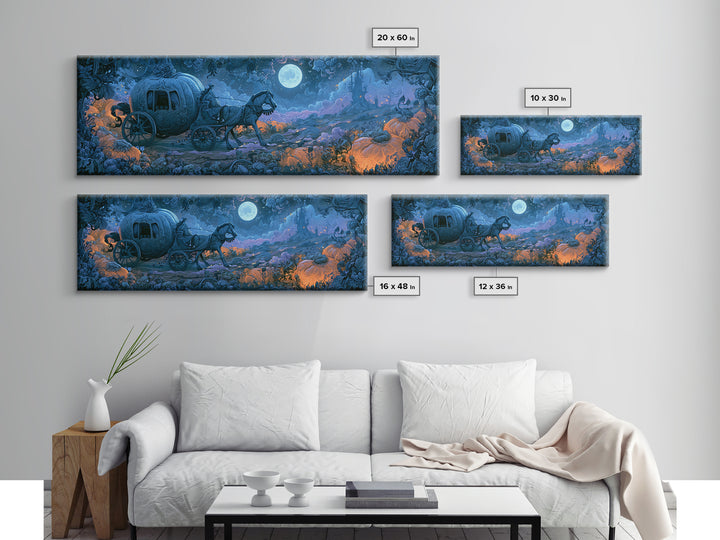 Pumpkin Carriage under Midnight Sky Framed Canvas Print, Fairy Tale Art, Minimalist Decor, Living Room Decor, Storybook, FTA-3x1-56