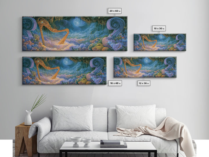 Golden Harp in a Cloud Kingdom Canvas Print, Fairy Tale Art, Boho Decor, Living Room Decor, Oil Painting, Storybook, Art Print, FTA-3x1-62