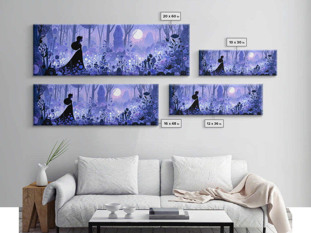 Princess Silhouette with Moonlit Garden Flowers Framed Canvas Print, Fairy Tale Art, Home Decor, Living Room Decor, Storybook, FTA-3x1-68