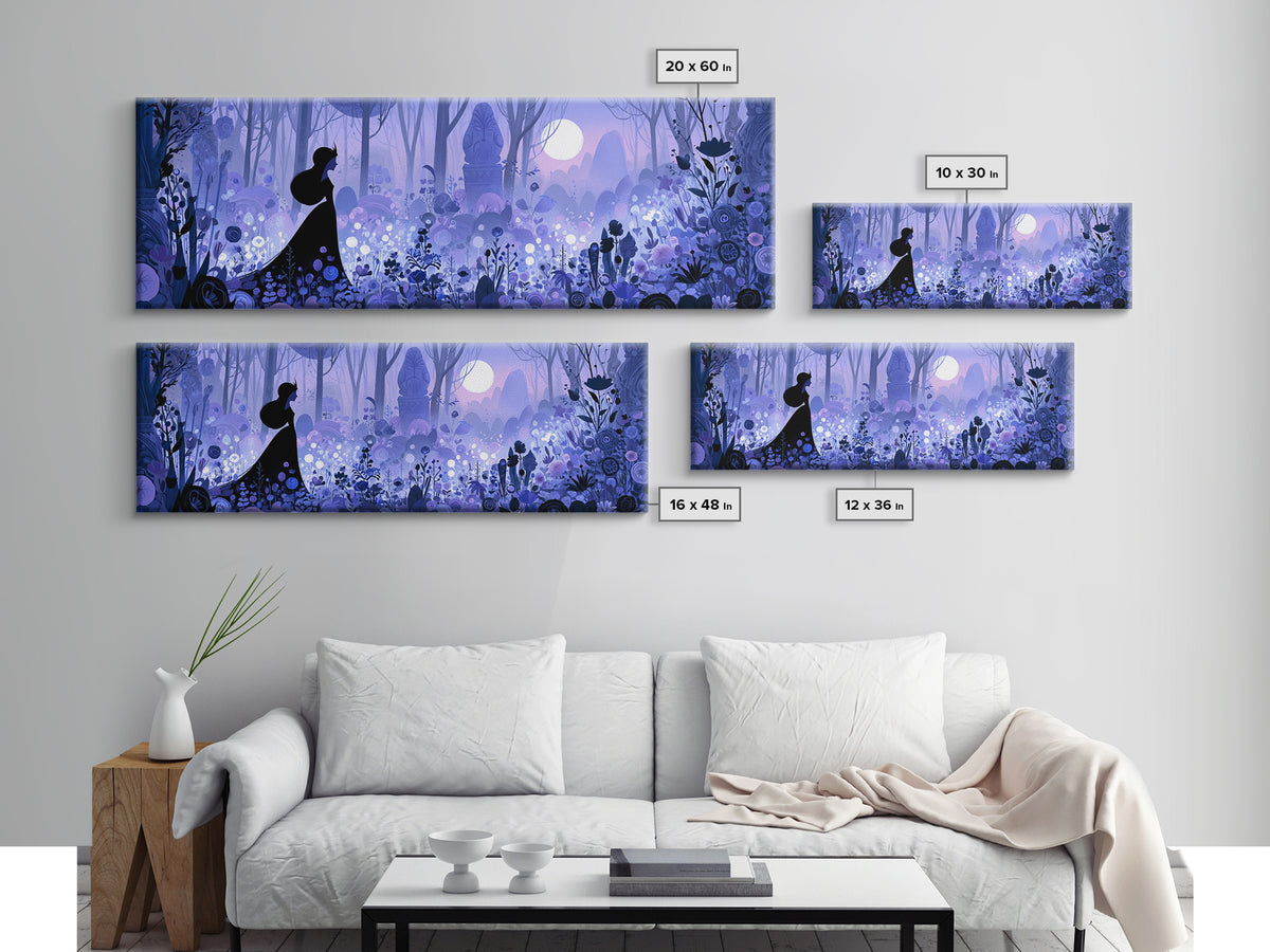 Princess Silhouette with Moonlit Garden Flowers Framed Canvas Print, Fairy Tale Art, Home Decor, Living Room Decor, Storybook, FTA-3x1-68