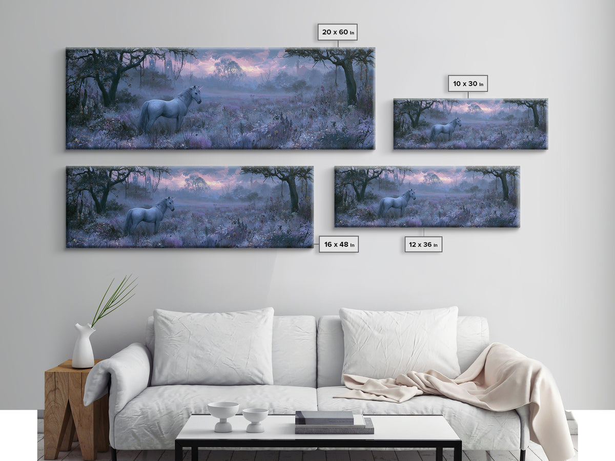 Unicorn in a Moonlit Meadow Framed Canvas Print, Fairy Tale Art, Princess Wall Art, Living Room Decor, Fine Art, Storybook, FTA-3x1-74