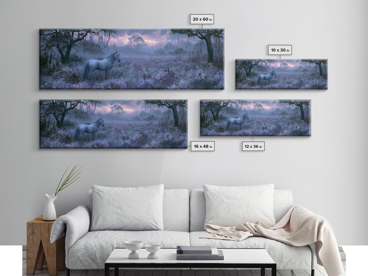 Unicorn in a Moonlit Meadow Framed Canvas Print, Fairy Tale Art, Princess Wall Art, Living Room Decor, Fine Art, Storybook, FTA-3x1-74