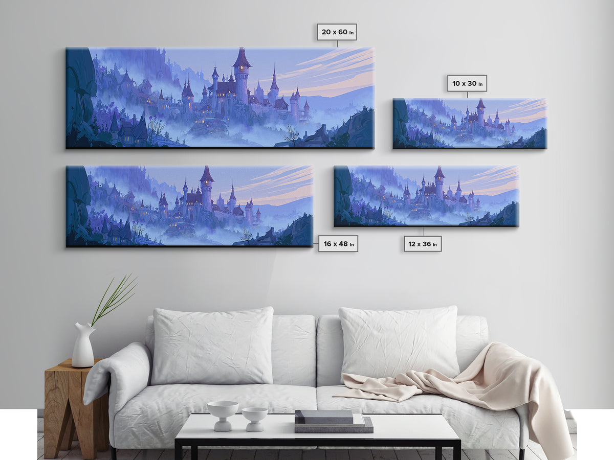 Storybook Castle on a Misty Hill Framed Canvas Print, Fairy Tale Art, Whimsical Wall Art, Living Room Decor, Storybook, FTA-3x1-90