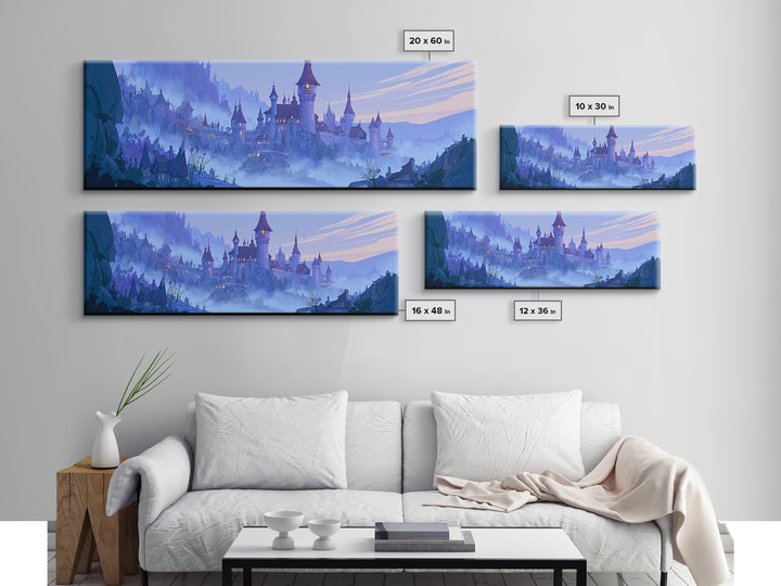 Storybook Castle on a Misty Hill Framed Canvas Print, Fairy Tale Art, Whimsical Wall Art, Living Room Decor, Storybook, FTA-3x1-90