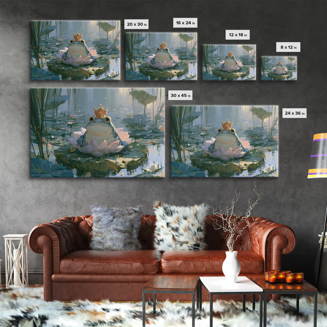 Frog Prince on a Lily Pad Framed Canvas Print, Fairy Tale Art, Whimsical Art, Living Room Decor, Fine Art, Storybook, FTA-3x2-15