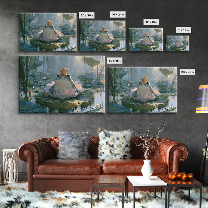 Frog Prince on a Lily Pad Framed Canvas Print, Fairy Tale Art, Whimsical Art, Living Room Decor, Fine Art, Storybook, FTA-3x2-15