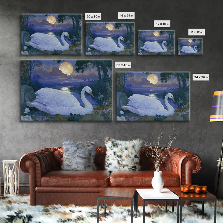 White Swan Transformation Scene Framed Canvas Print, Fairy Tale Art, Statement Artwork, Living Room Decor, Fine Art, Storybook, FTA-3x2-19