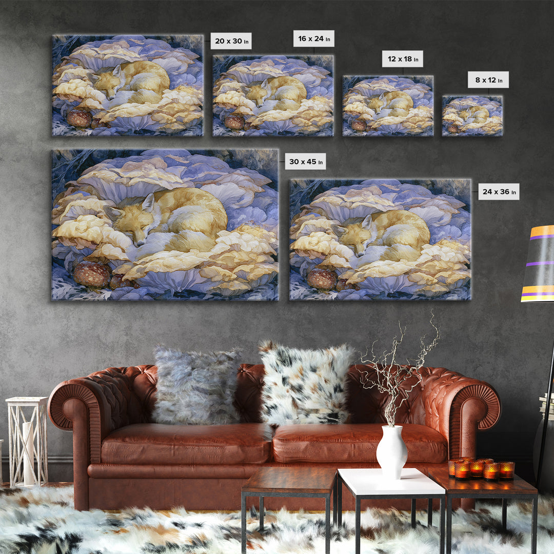 Sleeping Fox Beside a Magical Mushroom Ring Canvas Print, Fairy Tale Art, Statement Artwork, Living Room Decor, Storybook, FTA-3x2-31