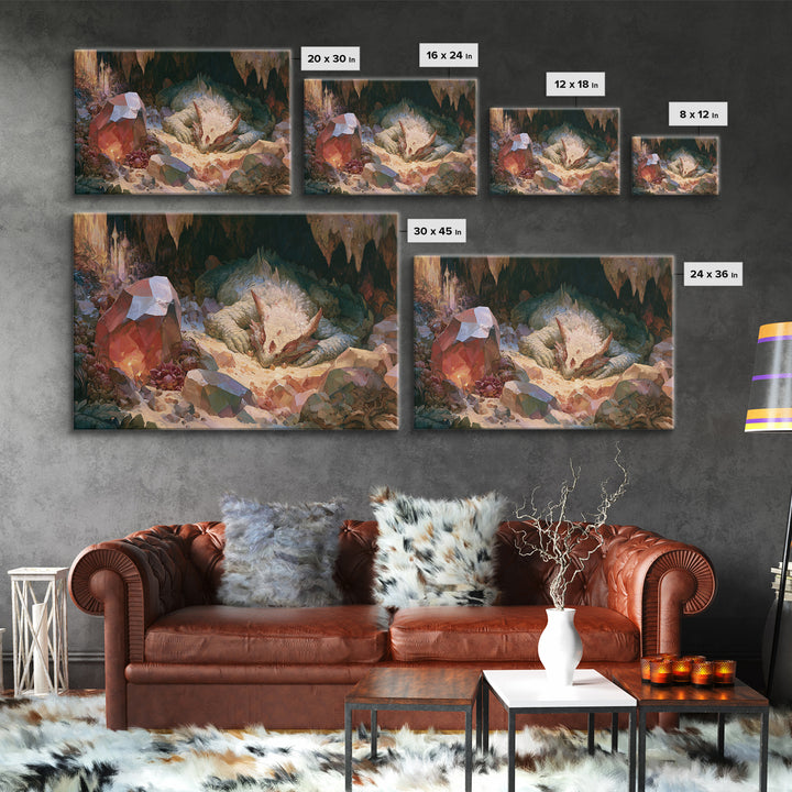 Sleeping Dragon in a Cave of Crystals Canvas Print, Fairy Tale Art, Boho Wall Art, Living Room Decor, Oil Painting, Storybook, FTA-3x2-4