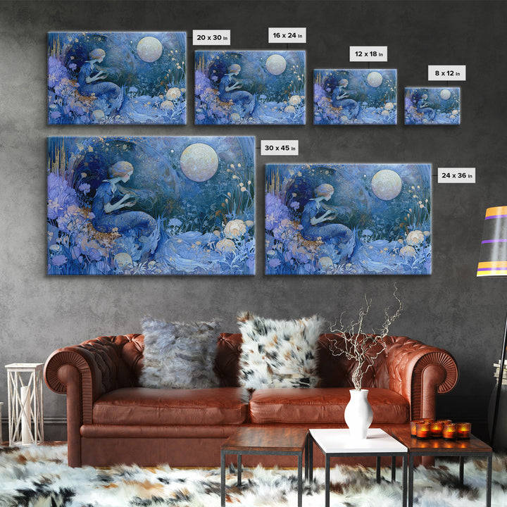 Mermaid Combing Hair Beneath a Pearl Moon Framed Canvas Print, Fairy Tale Art, Fantasy Art, Living Room Decor, Oil Painting, FTA-3x2-40