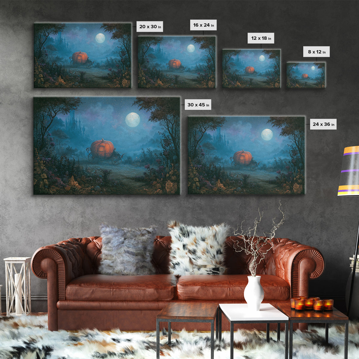 Pumpkin Carriage under Midnight Sky Canvas Print, Fairy Tale Art, Art Nouveau Print, Living Room Decor, Watercolor Art, FTA-3x2-44