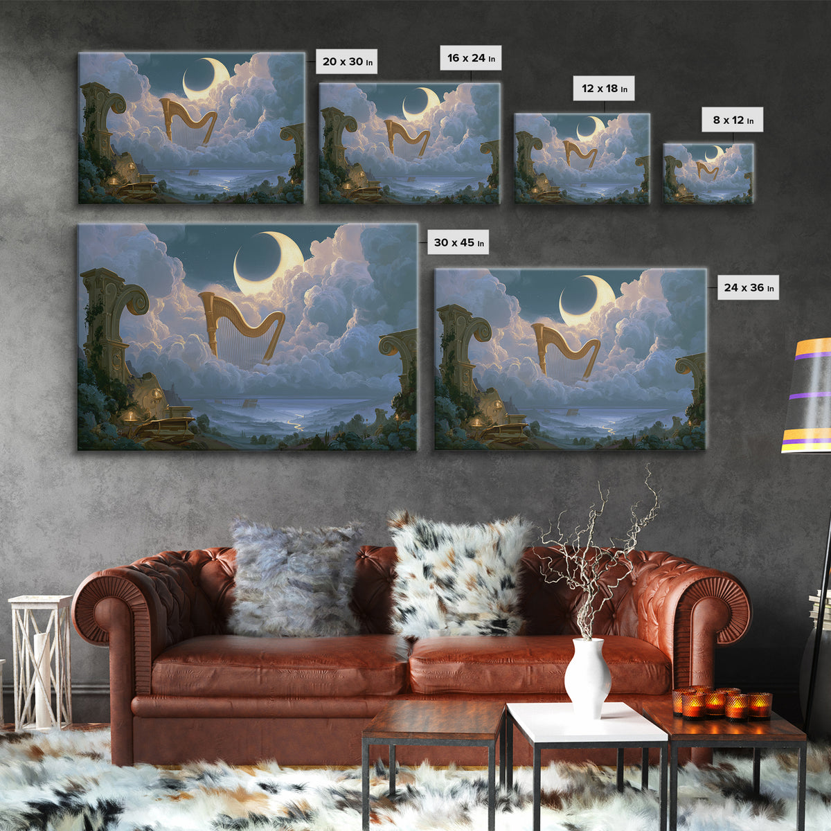 Golden Harp in a Cloud Kingdom Framed Canvas Print, Fairy Tale Art, Princess Wall Art, Living Room Decor, Oil Painting, FTA-3x2-50