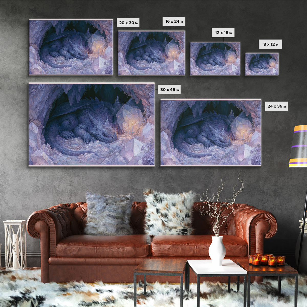 Sleeping Dragon in a Cave of Crystals Canvas Print, Fairy Tale Art, Kids Room Decor, Living Room Decor, Abstract Art, Storybook, FTA-3x2-52