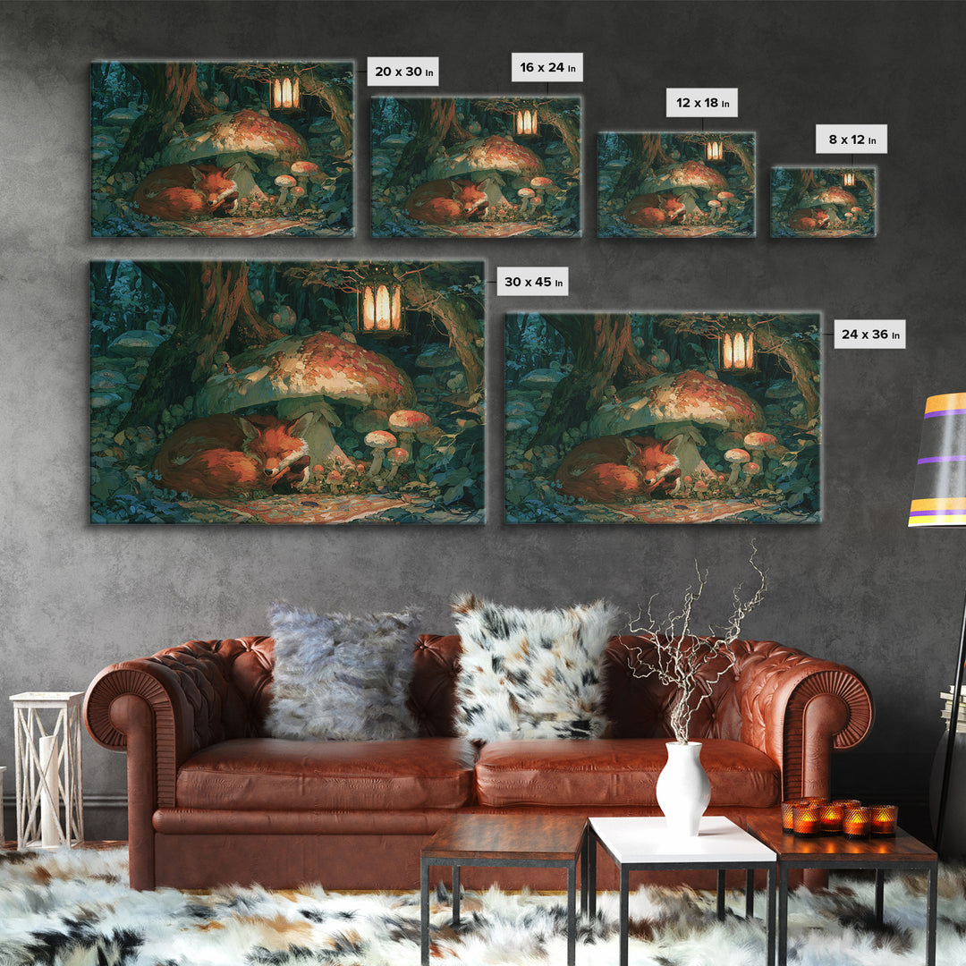 Sleeping Fox Beside a Magical Mushroom Ring Canvas Print, Fairy Tale Art, Boho Wall Art, Living Room Decor, Storybook, FTA-3x2-55