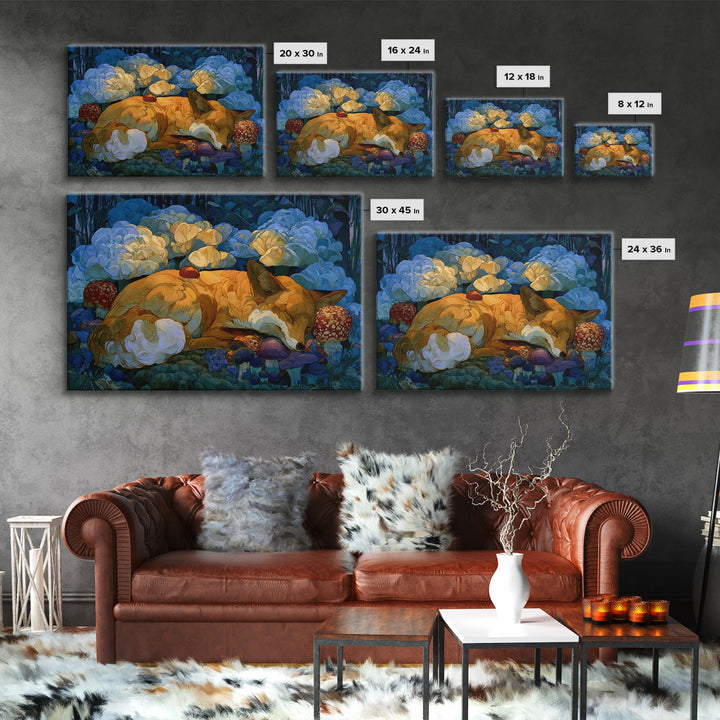 Sleeping Fox Beside a Magical Mushroom Ring Framed Canvas Print, Fairy Tale Art, Abstract Art, Living Room Decor, Storybook, FTA-3x2-7
