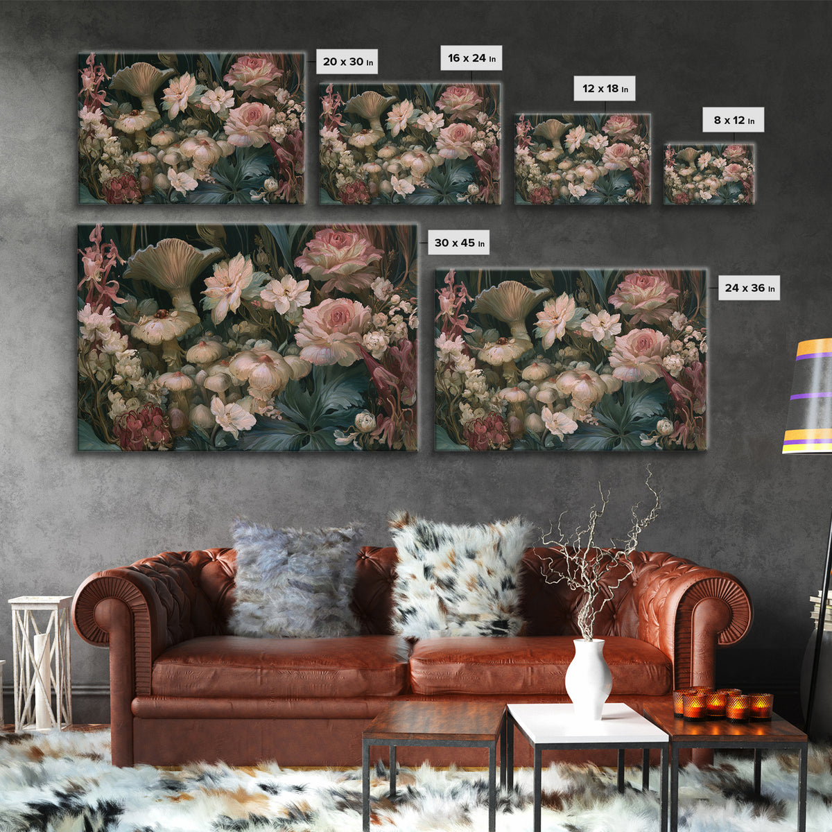 Fairy Ring of Mushrooms and Wildflowers Canvas Print, Fairy Tale Art, Neutral Decor, Living Room Decor, Oil Painting, Storybook, FTA-3x2-73