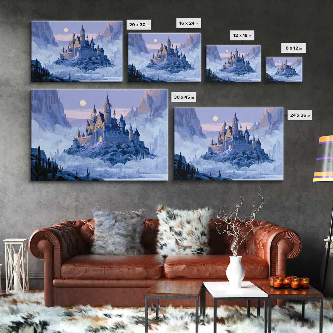 Storybook Castle on a Misty Hill Framed Canvas Print, Fairy Tale Art, Fairy Art, Living Room Decor, Fine Art, Storybook, FTA-3x2-78