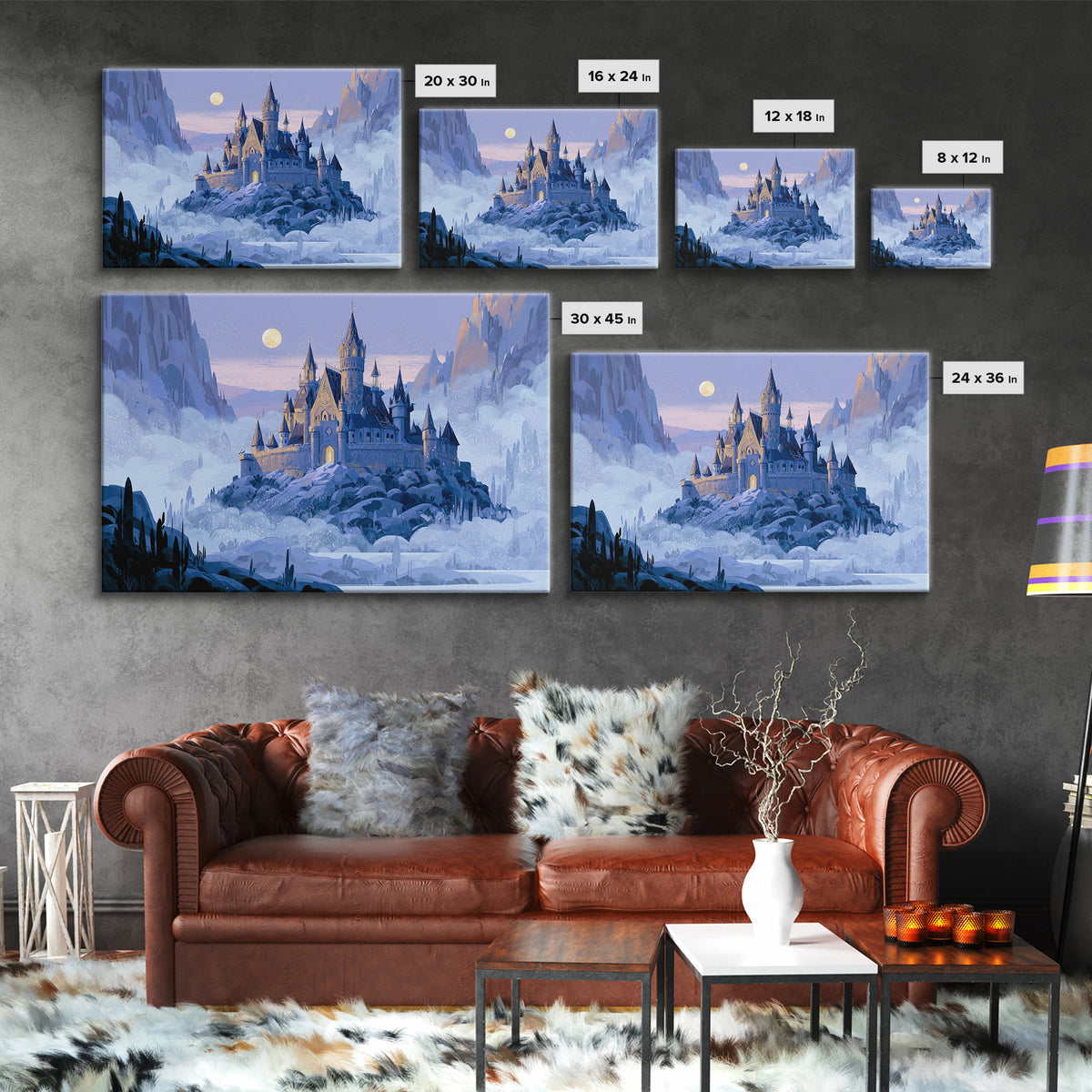 Storybook Castle on a Misty Hill Framed Canvas Print, Fairy Tale Art, Fairy Art, Living Room Decor, Fine Art, Storybook, FTA-3x2-78