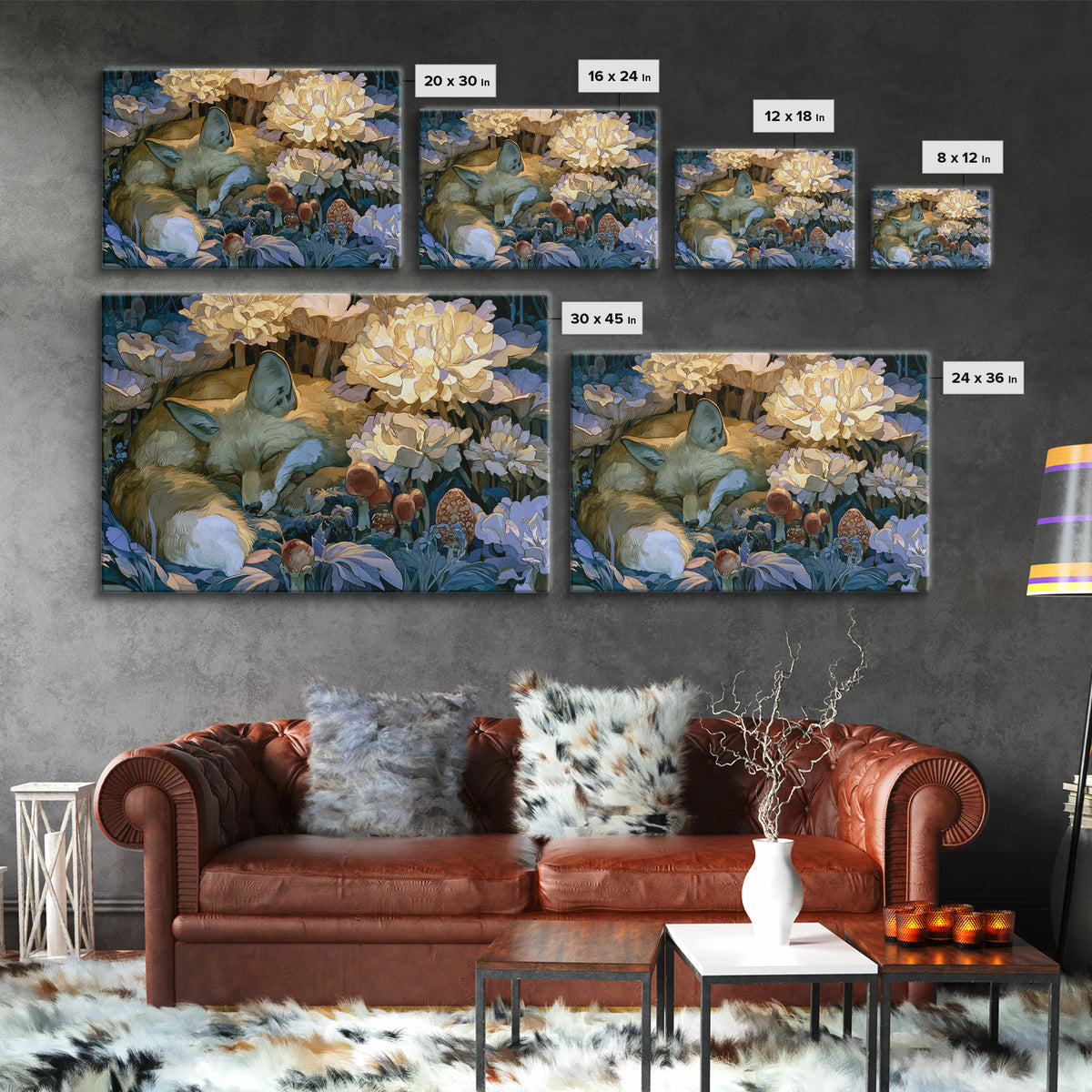 Sleeping Fox Beside a Magical Mushroom Ring Canvas Print, Fairy Tale Art, Luxury Decor, Living Room Decor, Storybook, FTA-3x2-79