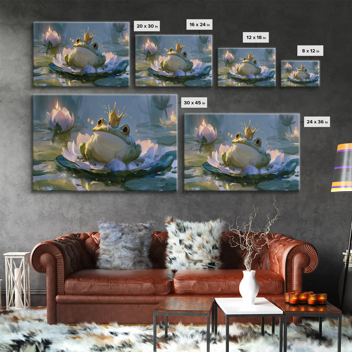 Frog Prince on a Lily Pad Framed Canvas Print, Fairy Tale Art, Wall Decor, Living Room Decor, Storybook, Boho Wall Art, FTA-3x2-87