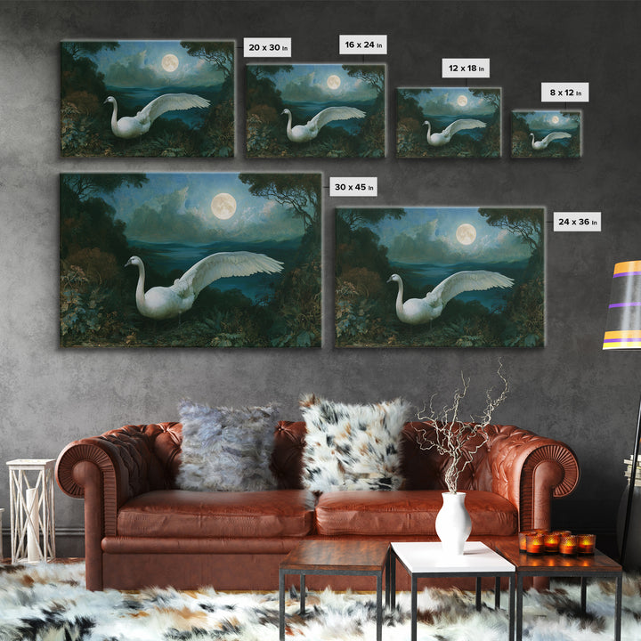 White Swan Transformation Scene Framed Canvas Print, Fairy Tale Art, Boho Wall Art, Living Room Decor, Oil Painting, Storybook, FTA-3x2-91