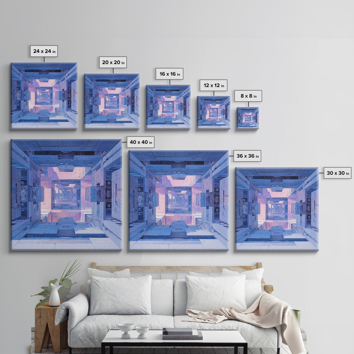 White and Blue Utopian Megastructure Canvas Print, Futuristic Art, Canvas Wall Art, Living Room Decor, Watercolor Art, Future, FUT-1x1-36