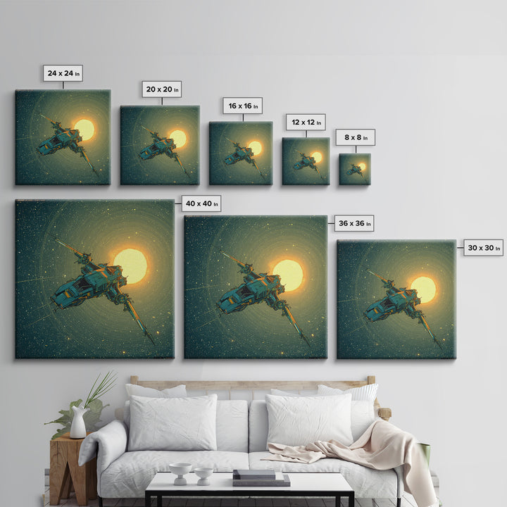 Solar Sail Ship Crossing Star Filled Space Framed Canvas Print, Futuristic Art, Mid Century Modern, Living Room Decor, Future, FUT-1x1-41