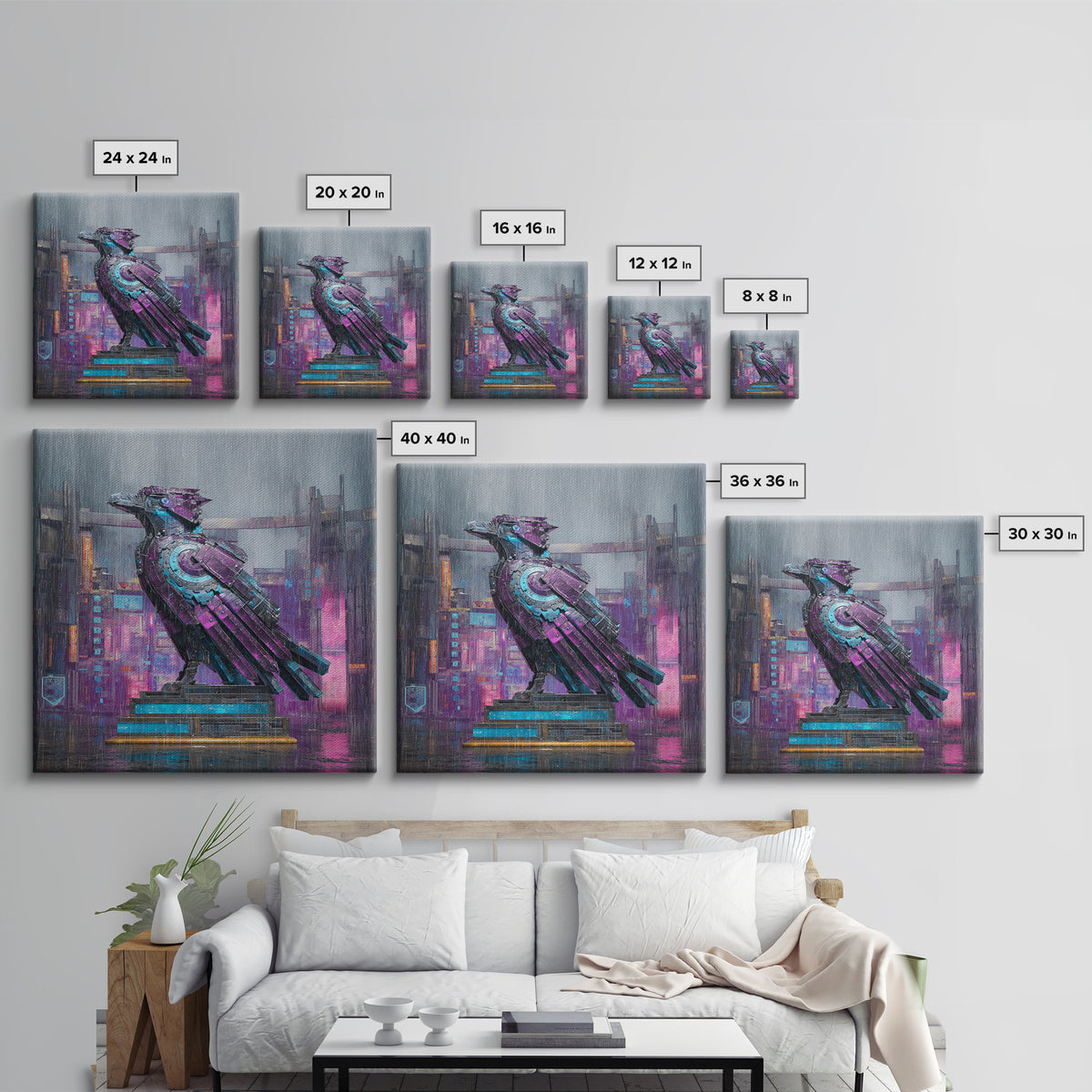 Futurist Bird Made of Panels and Light Framed Canvas Print, Futuristic Art, Statement Artwork, Living Room Decor, Future, FUT-1x1-46