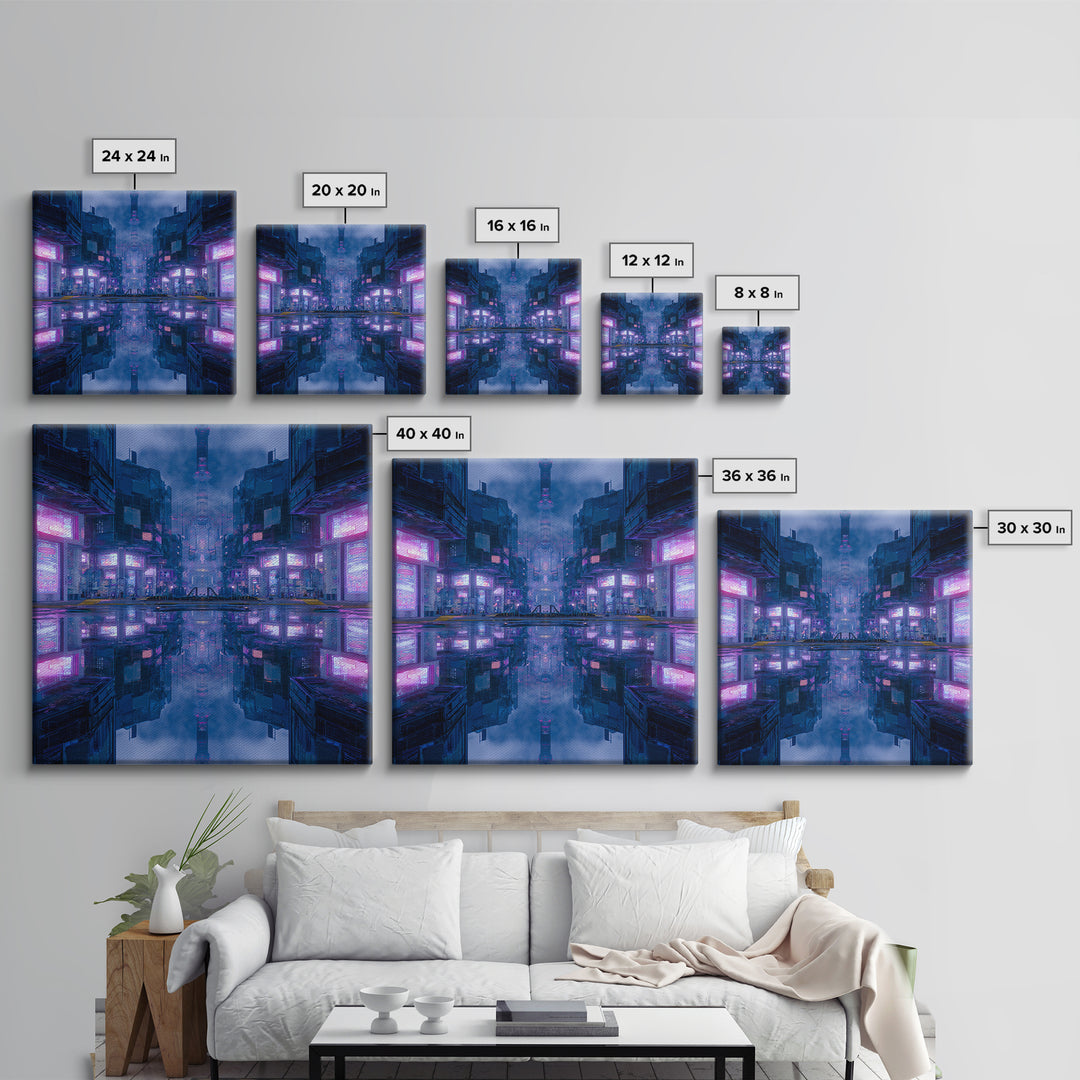 Bioluminescent Garden in a Future Habitat Framed Canvas Print, Futuristic Art, Landscape Art, Living Room Decor, Watercolor Art, FUT-1x1-52