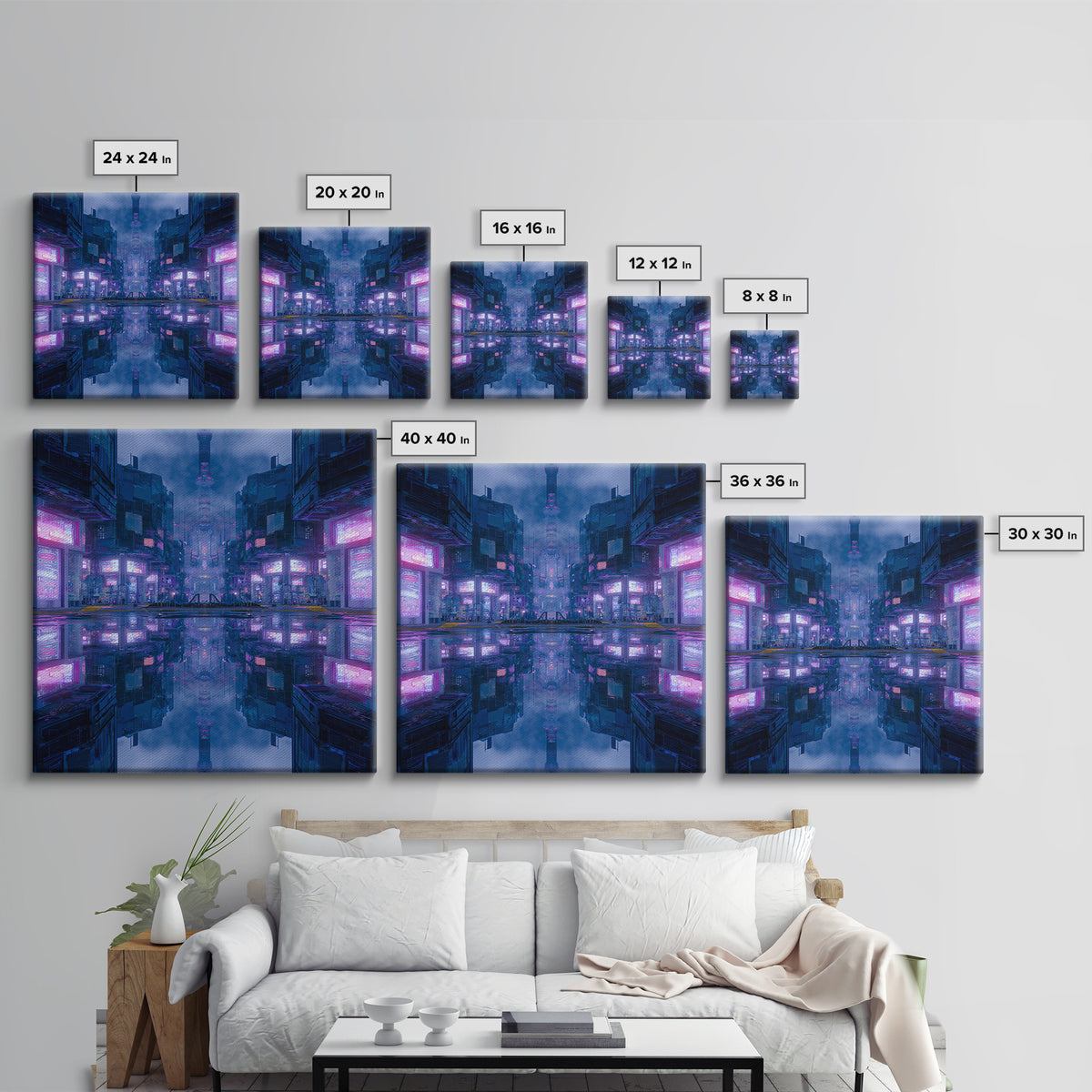 Bioluminescent Garden in a Future Habitat Framed Canvas Print, Futuristic Art, Landscape Art, Living Room Decor, Watercolor Art, FUT-1x1-52