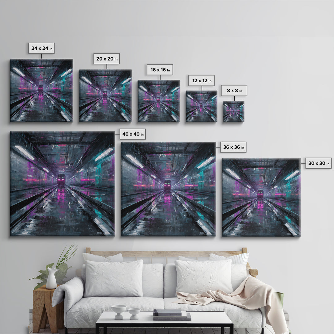 Transparent Train Speeding Through Light Tunnels Canvas Print, Futuristic Art, Statement Artwork, Living Room Decor, Future, FUT-1x1-59