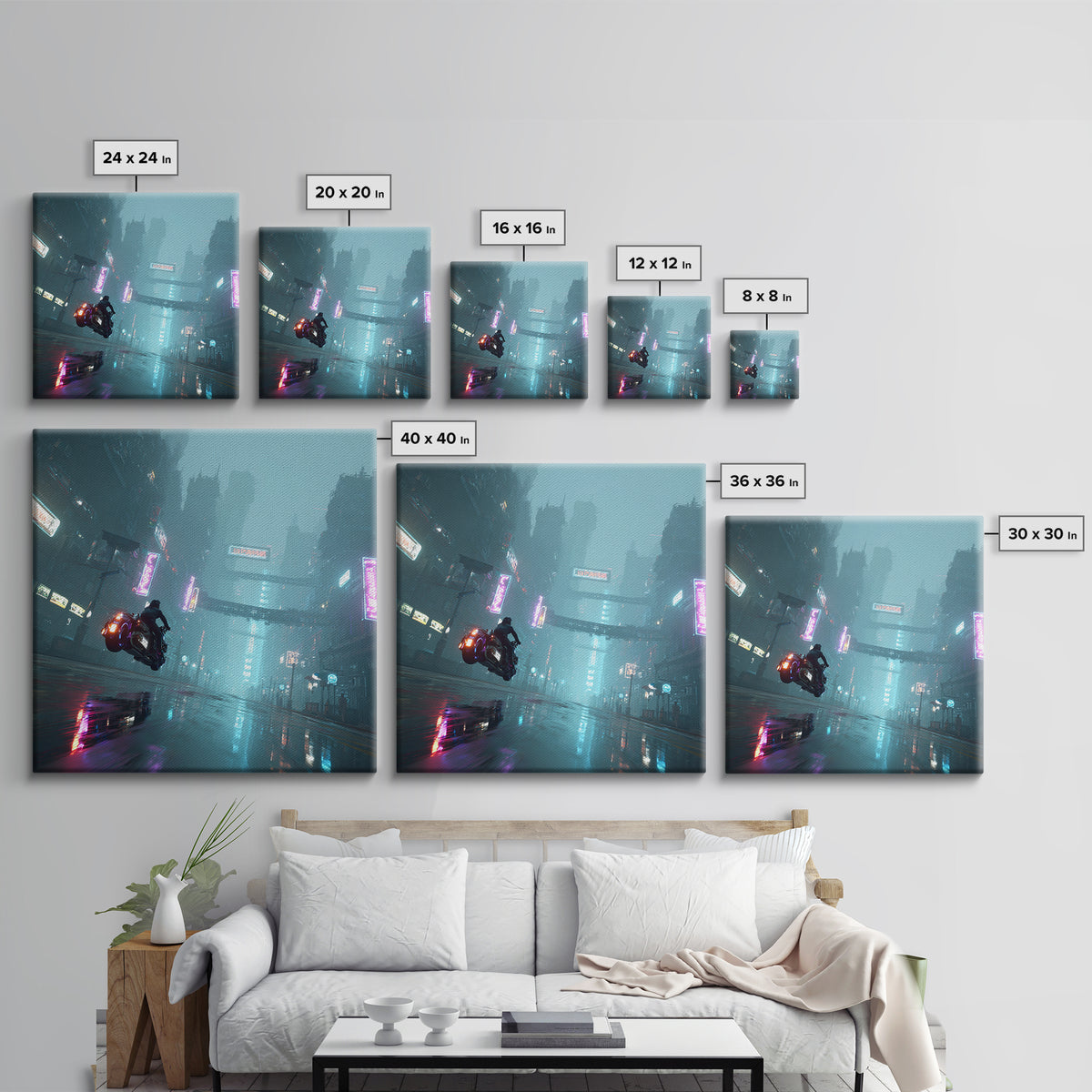 High Speed Hover Bike Trail of Light Framed Canvas Print, Futuristic Art, Cyberpunk Decor, Living Room Decor, Fine Art, Future, FUT-1x1-68